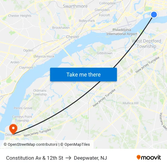 Constitution Av & 12th St to Deepwater, NJ map