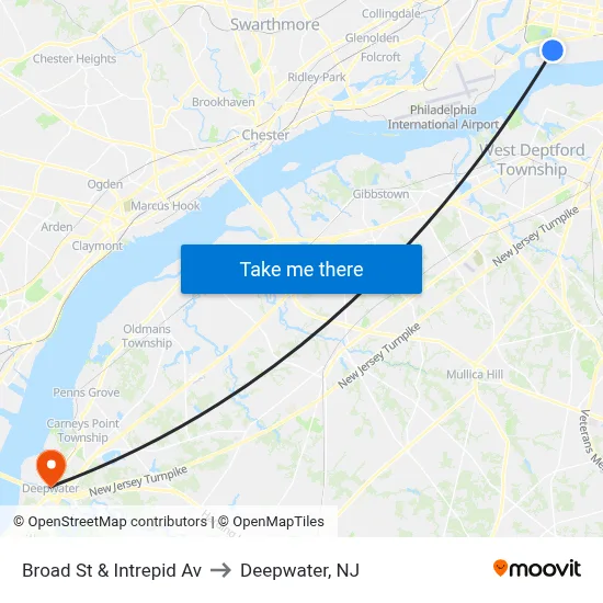 Broad St & Intrepid Av to Deepwater, NJ map