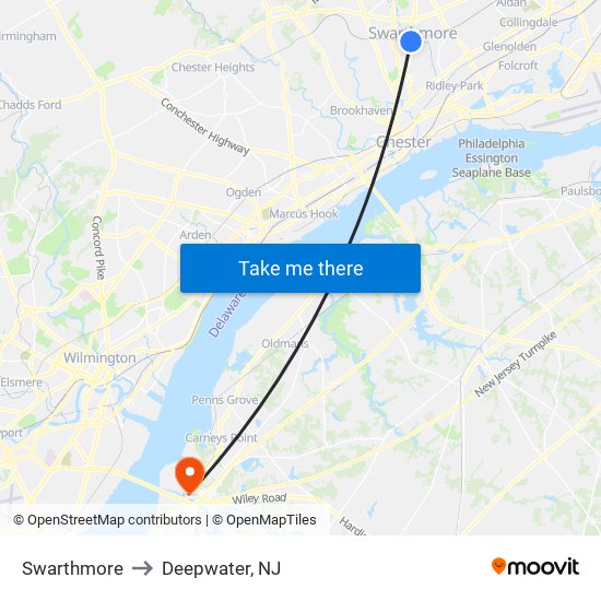 Swarthmore to Deepwater, NJ map