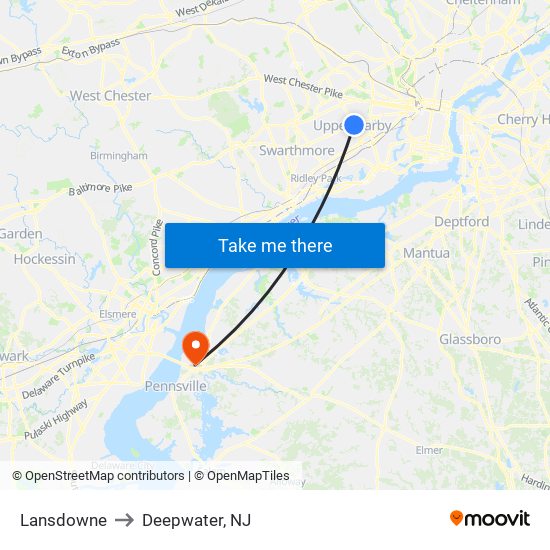 Lansdowne to Deepwater, NJ map