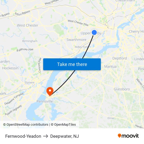 Fernwood-Yeadon to Deepwater, NJ map
