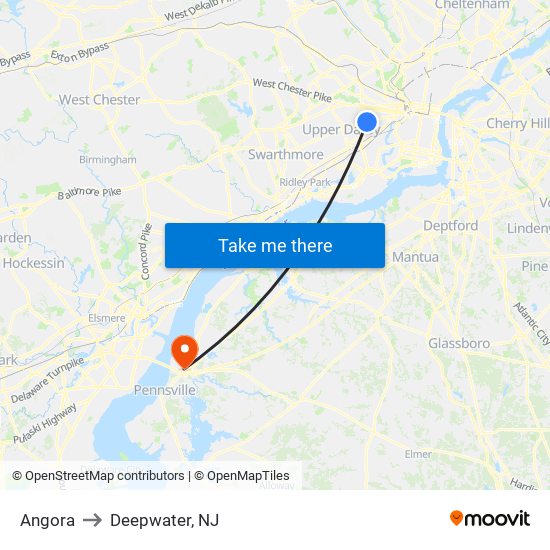 Angora to Deepwater, NJ map