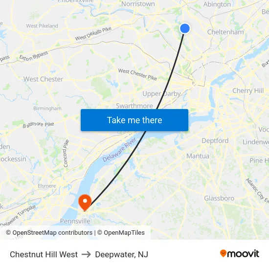 Chestnut Hill West to Deepwater, NJ map