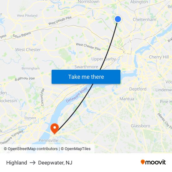 Highland to Deepwater, NJ map