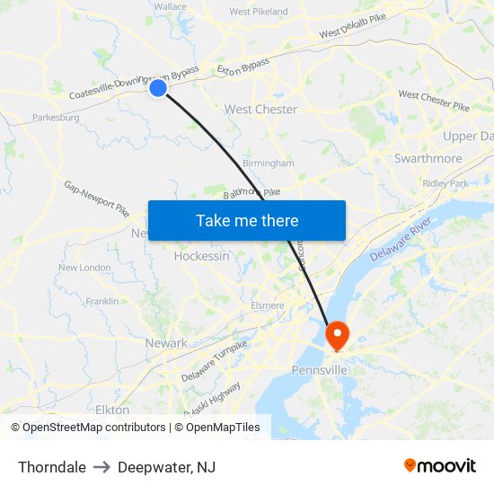 Thorndale to Deepwater, NJ map