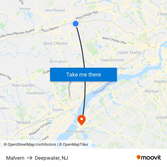Malvern to Deepwater, NJ map