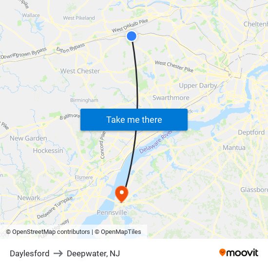 Daylesford to Deepwater, NJ map