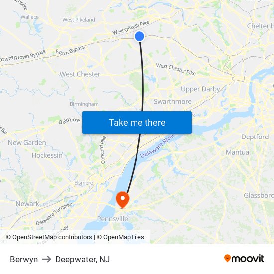 Berwyn to Deepwater, NJ map
