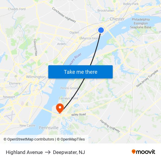 Highland Avenue to Deepwater, NJ map