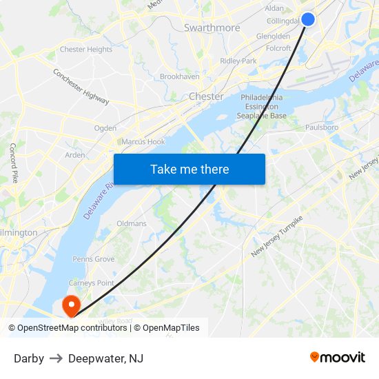 Darby to Deepwater, NJ map