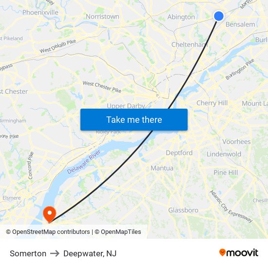 Somerton to Deepwater, NJ map