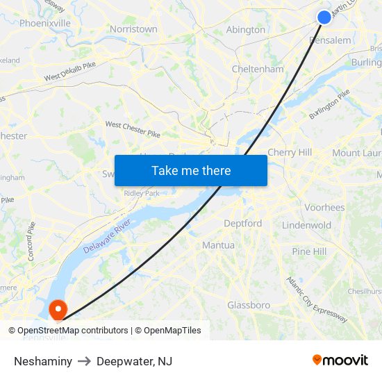 Neshaminy to Deepwater, NJ map