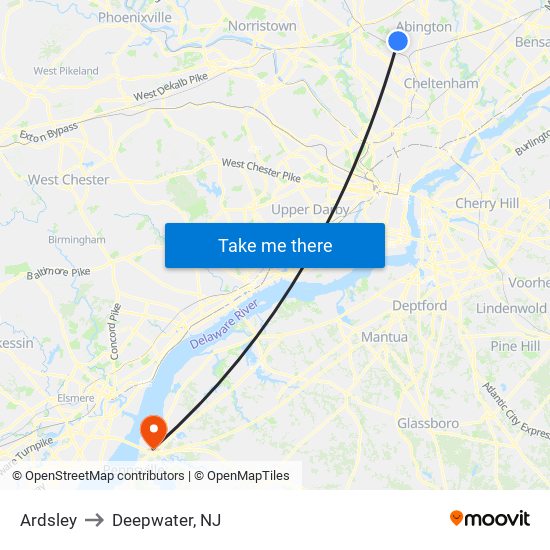 Ardsley to Deepwater, NJ map