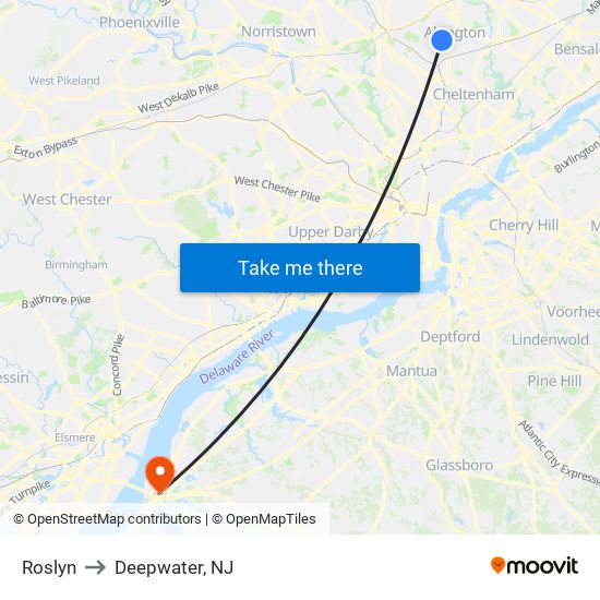 Roslyn to Deepwater, NJ map