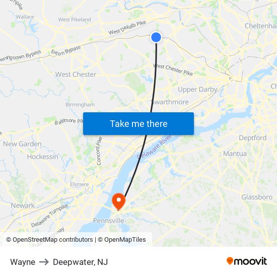 Wayne to Deepwater, NJ map