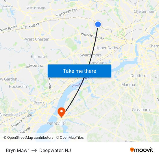 Bryn Mawr to Deepwater, NJ map