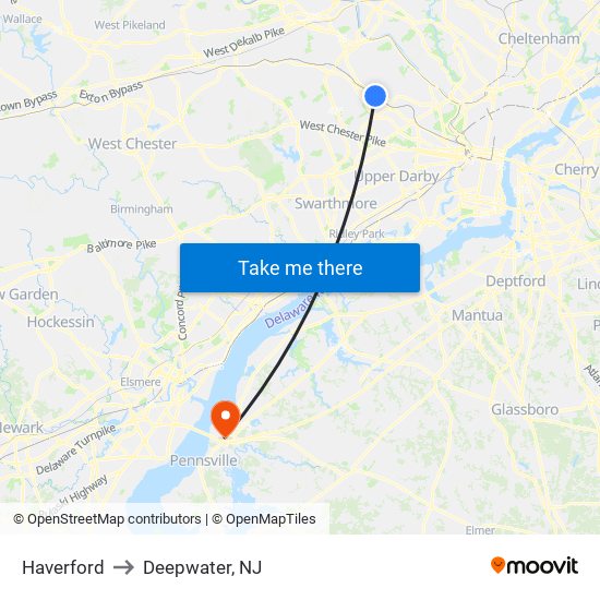 Haverford to Deepwater, NJ map