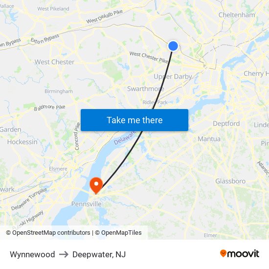 Wynnewood to Deepwater, NJ map