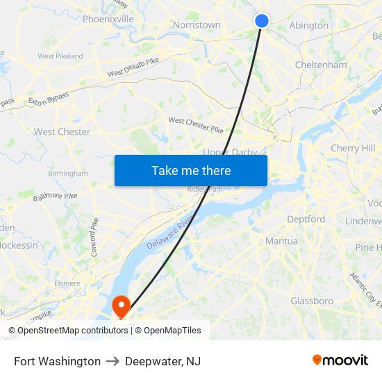 Fort Washington to Deepwater, NJ map