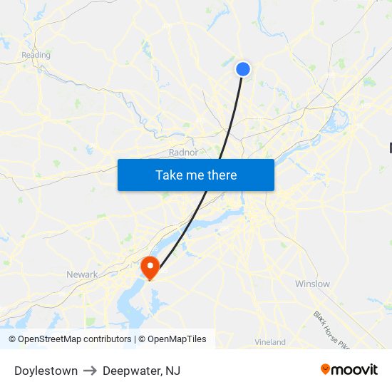 Doylestown to Deepwater, NJ map
