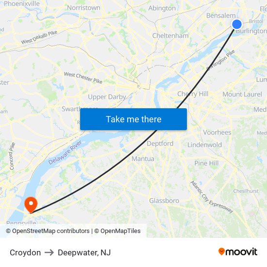 Croydon to Deepwater, NJ map