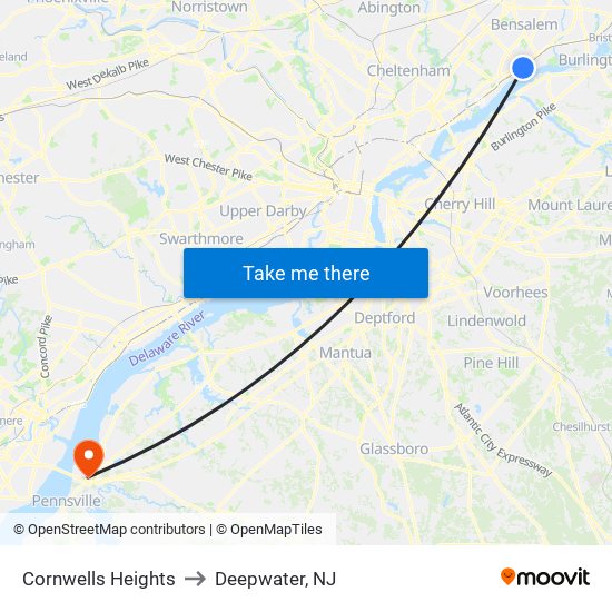 Cornwells Heights to Deepwater, NJ map