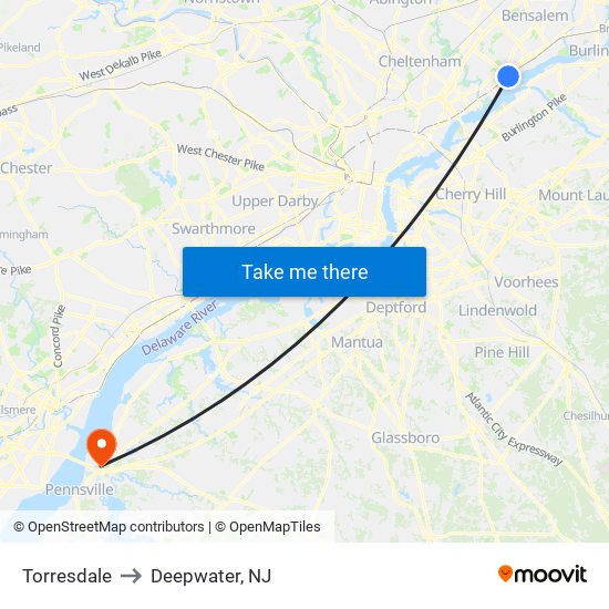 Torresdale to Deepwater, NJ map