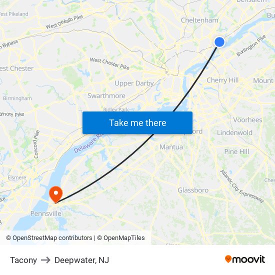 Tacony to Deepwater, NJ map