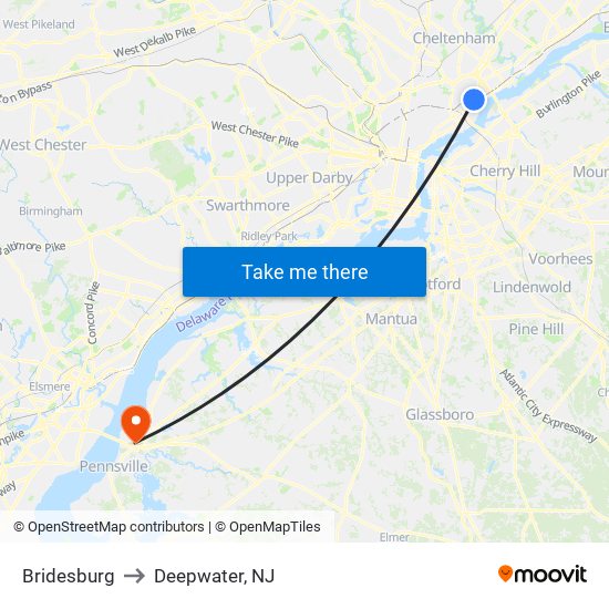 Bridesburg to Deepwater, NJ map