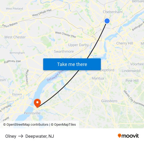 Olney to Deepwater, NJ map