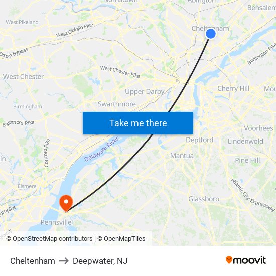 Cheltenham to Deepwater, NJ map