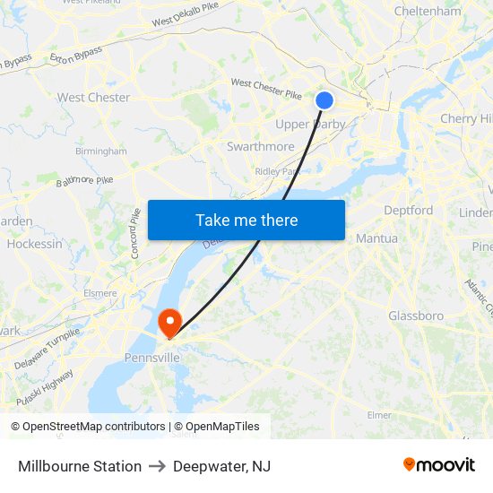 Millbourne Station to Deepwater, NJ map