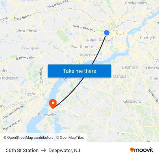56th St Station to Deepwater, NJ map
