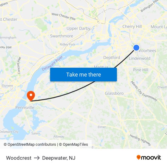 Woodcrest to Deepwater, NJ map