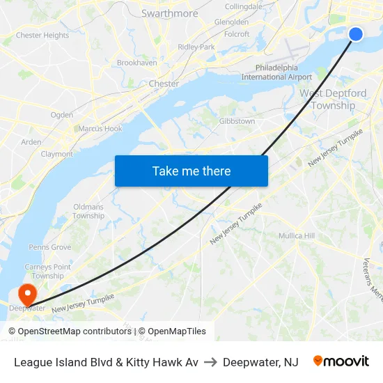 League Island Blvd & Kitty Hawk Av to Deepwater, NJ map