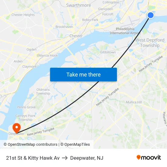21st St & Kitty Hawk Av to Deepwater, NJ map
