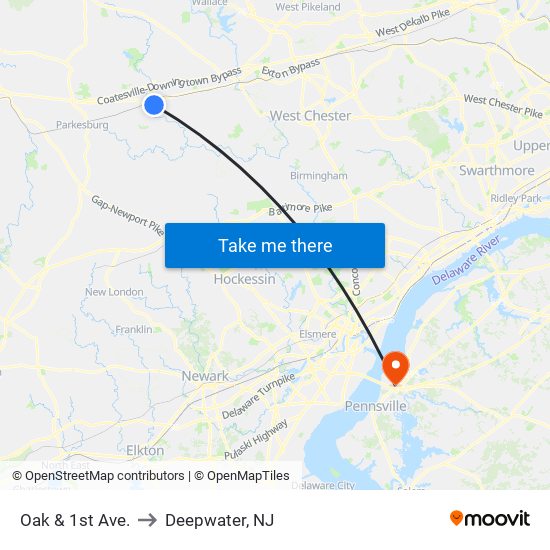 Oak & 1st Ave. to Deepwater, NJ map