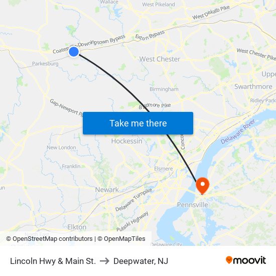 Lincoln Hwy & Main St. to Deepwater, NJ map