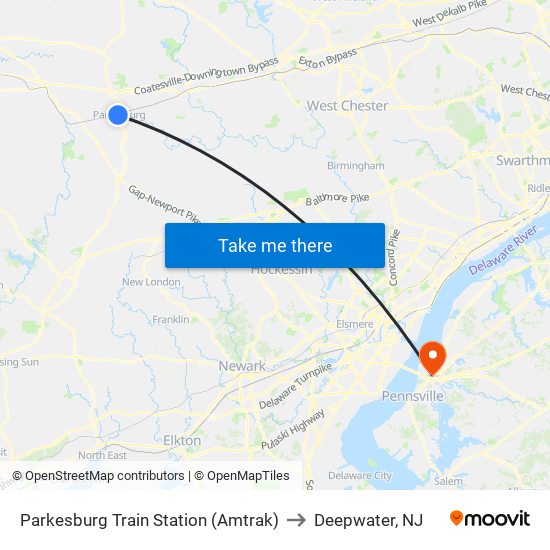 Parkesburg Train Station (Amtrak) to Deepwater, NJ map