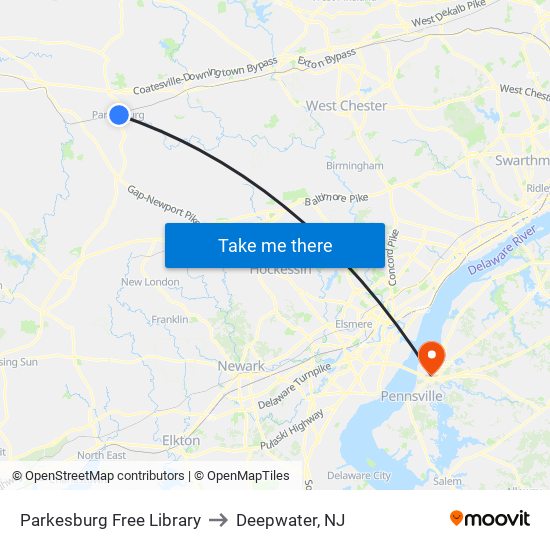 Parkesburg Free Library to Deepwater, NJ map