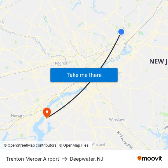 Trenton-Mercer Airport to Deepwater, NJ map