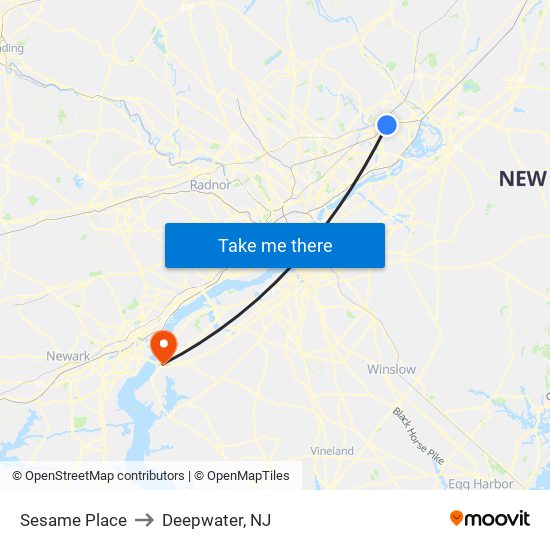 Sesame Place to Deepwater, NJ map
