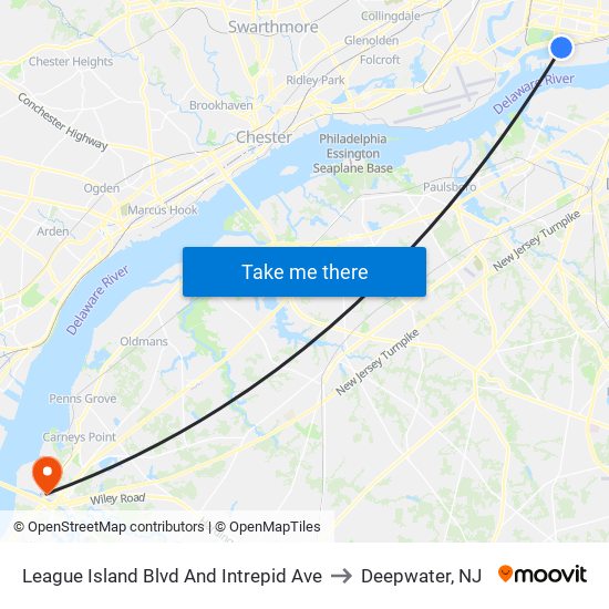 League Island Blvd And Intrepid Ave to Deepwater, NJ map