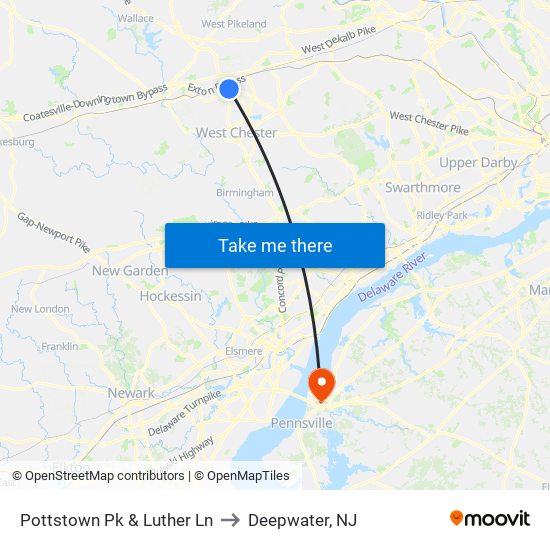 Pottstown Pk & Luther Ln to Deepwater, NJ map