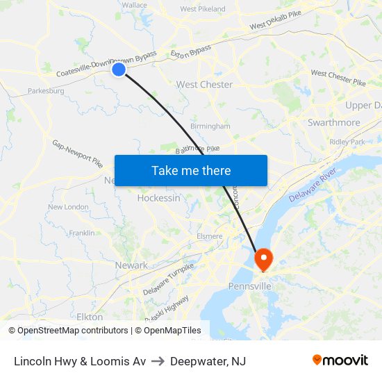Lincoln Hwy & Loomis Av to Deepwater, NJ map