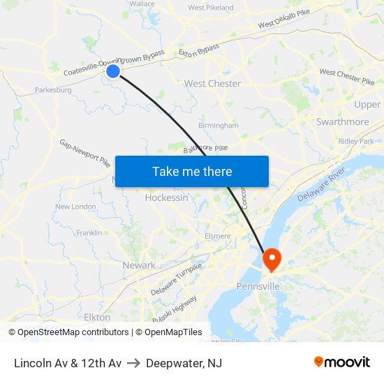 Lincoln Av & 12th Av to Deepwater, NJ map