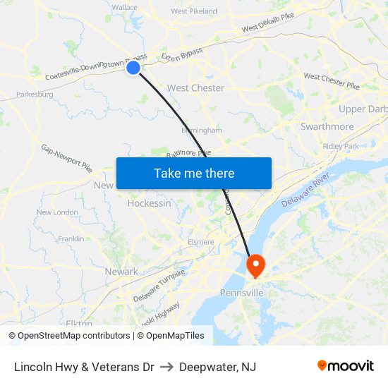 Lincoln Hwy & Veterans Dr to Deepwater, NJ map