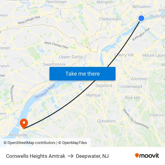 Cornwells Heights Amtrak to Deepwater, NJ map