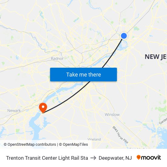 Trenton Transit Center Light Rail Sta to Deepwater, NJ map