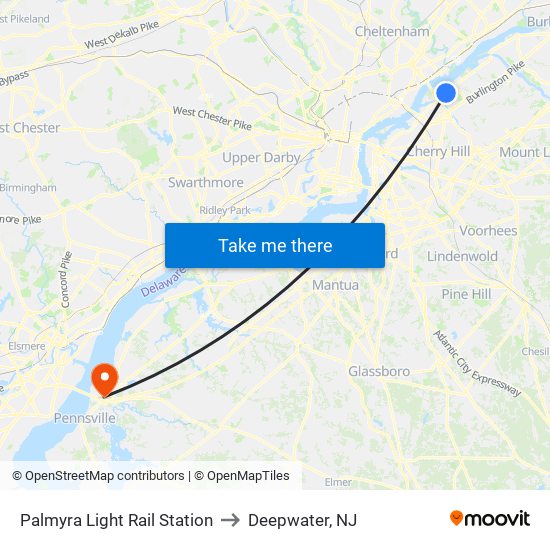 Palmyra Light Rail Station to Deepwater, NJ map